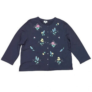 Vintage Floral C&K Designs Navy Embroidered Cardigan Grandmacore Retro Size 3X